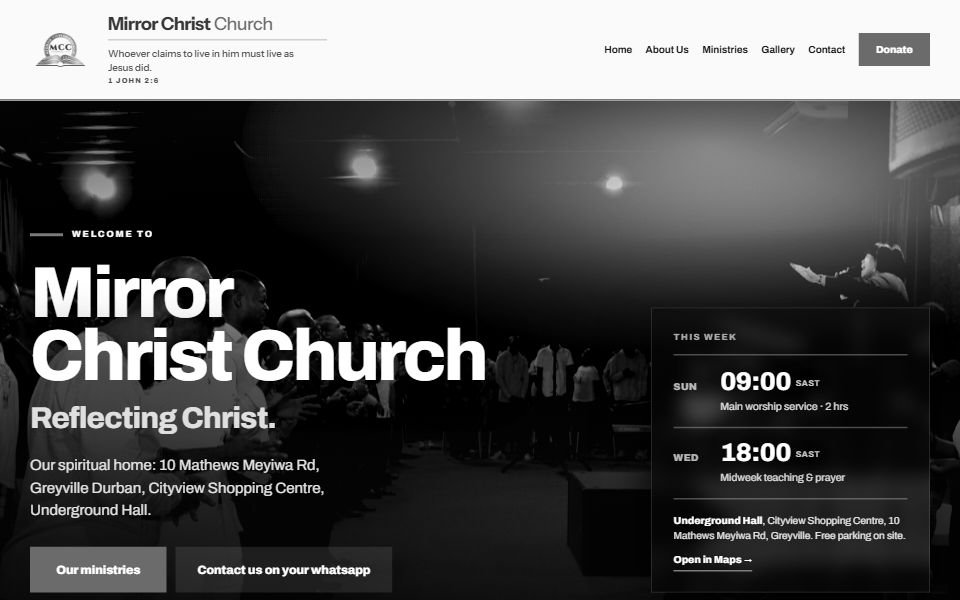 The Mirror Christ Church home page: a masthead carrying the church name and 1 John 2:6, over a photograph of a congregation standing in worship, with a panel listing Sunday 09:00 and Wednesday 18:00 service times.
