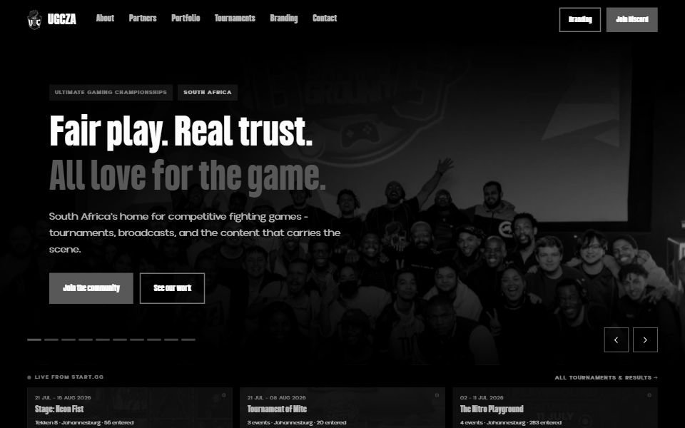 The UGCZA home page: a dark esports site headed &lsquo;Fair play. Real trust. All love for the game.&rsquo; over a photograph of a tournament crowd, above a live start.gg tournament listing.